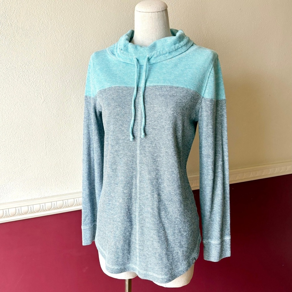 T by Talbots Textured Weave Funnel Neck Drawstring Pullover Blue Gray Top Size M